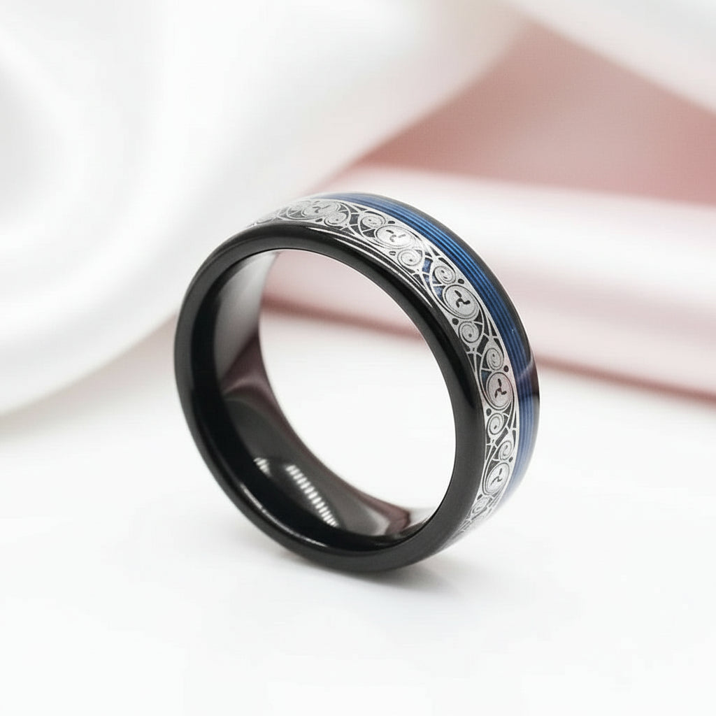 8mm Black Tungsten with Spiral Pattern & Blue Guitar String Inlay-Black Diamonds New York