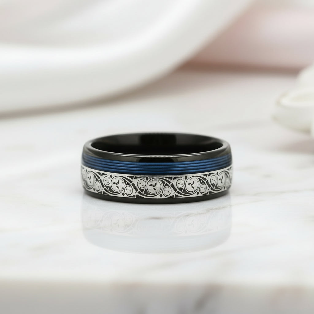 8mm Black Tungsten with Spiral Pattern & Blue Guitar String Inlay-Black Diamonds New York