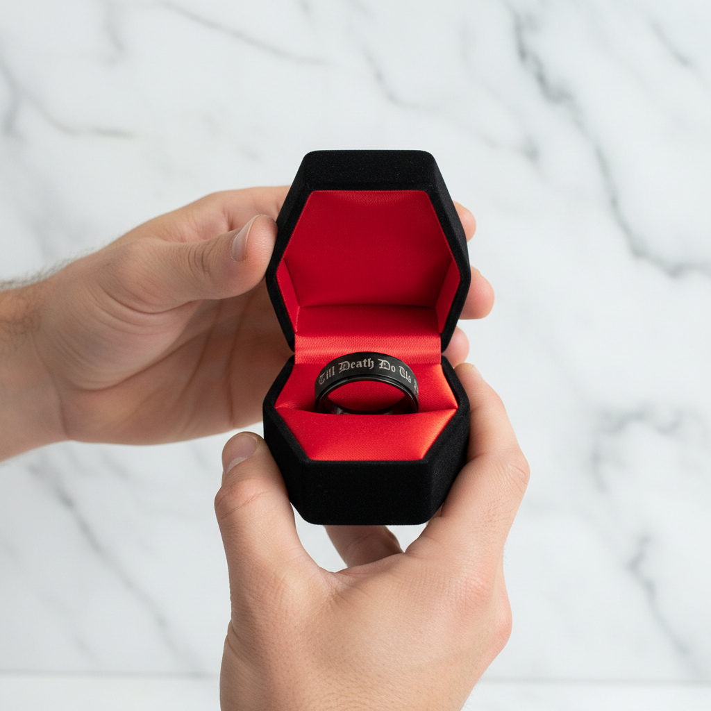 Hand holding a black ring with 'All Death Day' engraving in a red-lined black box.