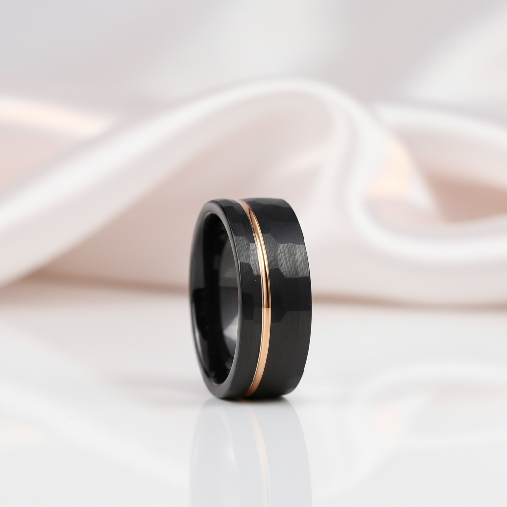 8mm Black with Rose Gold Tungsten Carbide Hammer Matte Finish Wedding Band-Black Diamonds New York