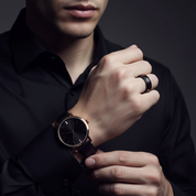 8mm Black with Rose Gold Tungsten Carbide Hammer Matte Finish Wedding Band-Black Diamonds New York
