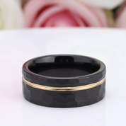 8mm Black with Rose Gold Tungsten Carbide Hammer Matte Finish Wedding Band-Black Diamonds New York