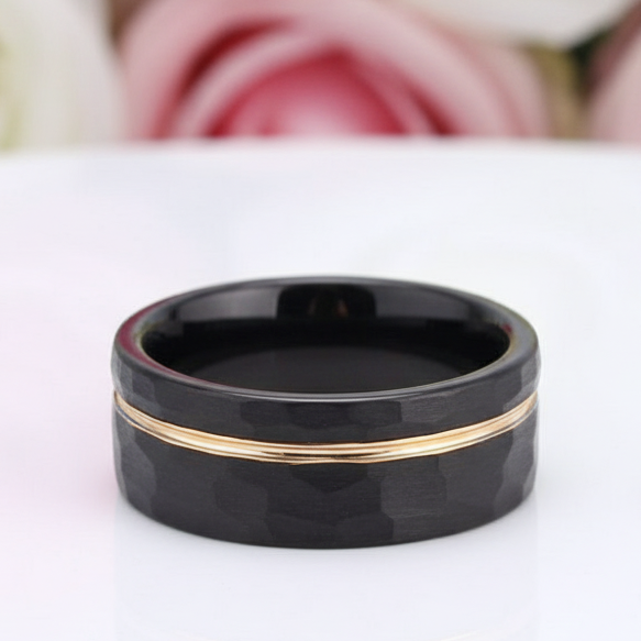 8mm Black with Rose Gold Tungsten Carbide Hammer Matte Finish Wedding Band-Black Diamonds New York