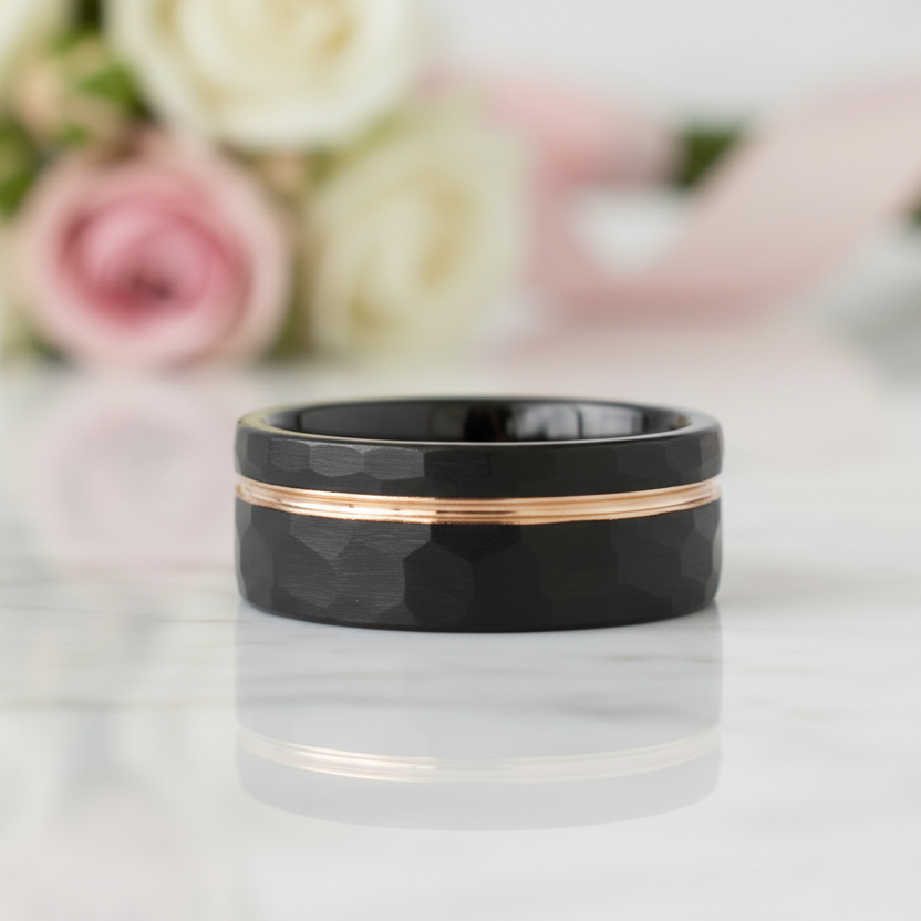 8mm Black with Rose Gold Tungsten Carbide Hammer Matte Finish Wedding Band-Black Diamonds New York