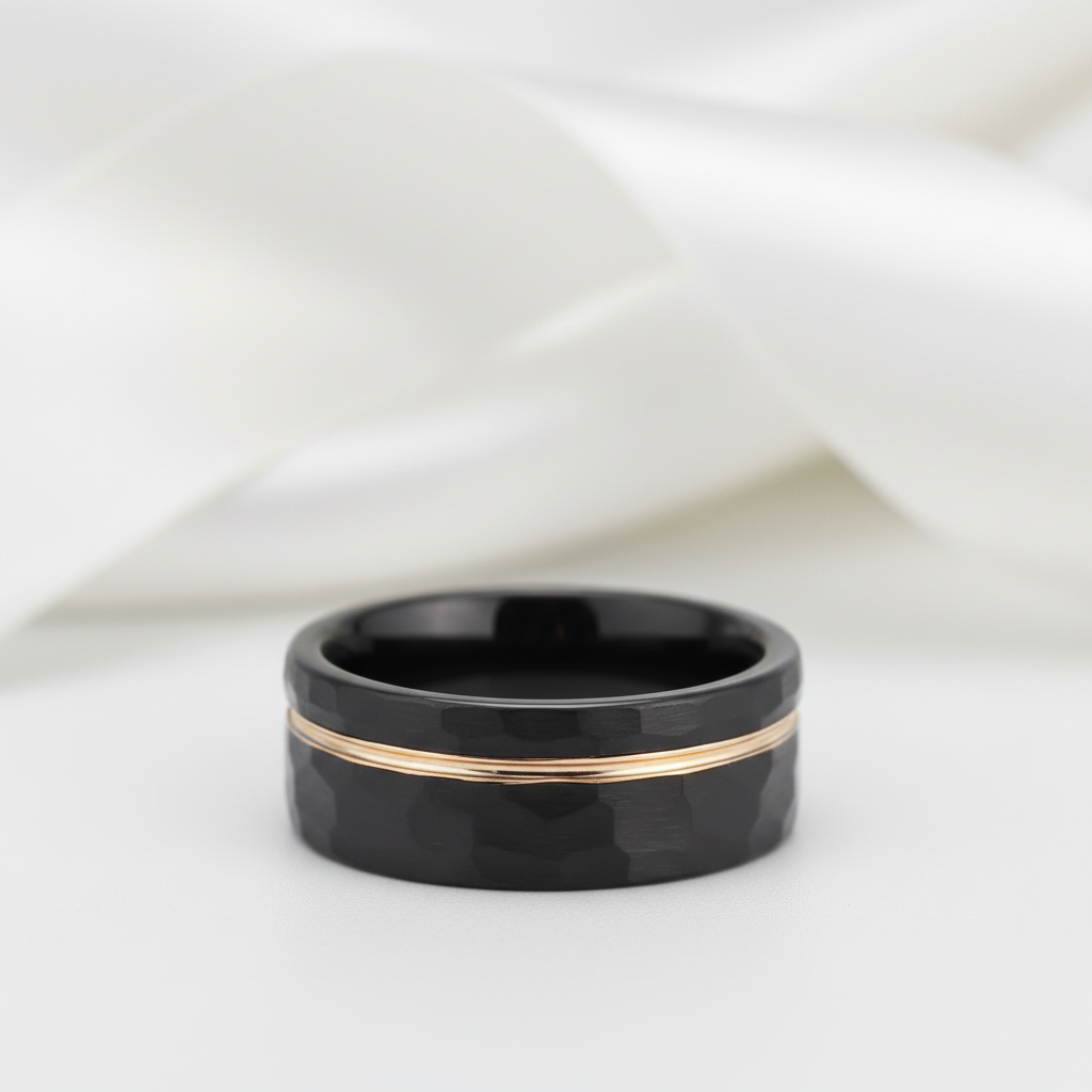 8mm Black with Rose Gold Tungsten Carbide Hammer Matte Finish Wedding Band-Black Diamonds New York
