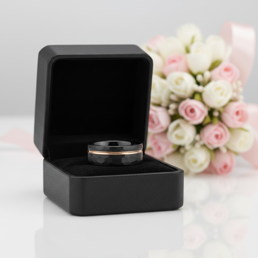 8mm Black with Rose Gold Tungsten Carbide Hammer Matte Finish Wedding Band-Black Diamonds New York