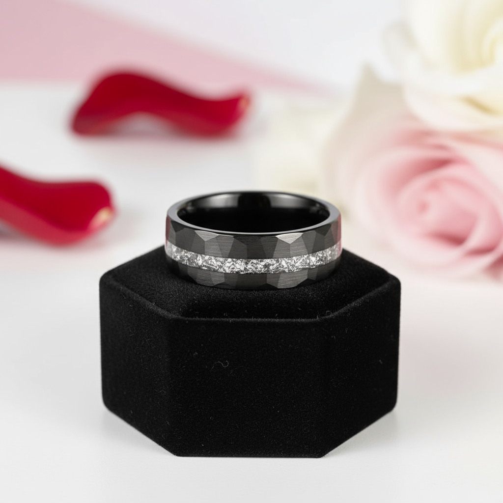8mm Brushed Matte Black Hammered Tungsten Wedding Band with Meteorite Inlay-Black Diamonds New York