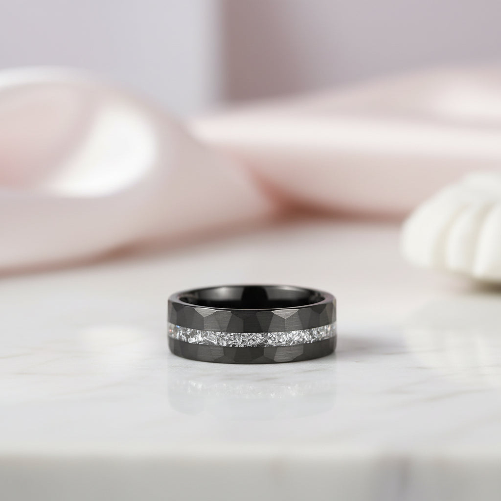 8mm Brushed Matte Black Hammered Tungsten Wedding Band with Meteorite Inlay-Black Diamonds New York