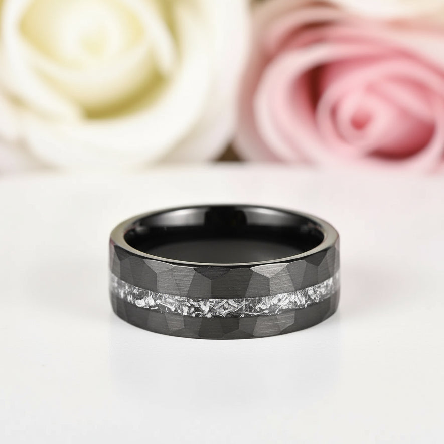 8mm Brushed Matte Black Hammered Tungsten Wedding Band with Meteorite Inlay-Black Diamonds New York