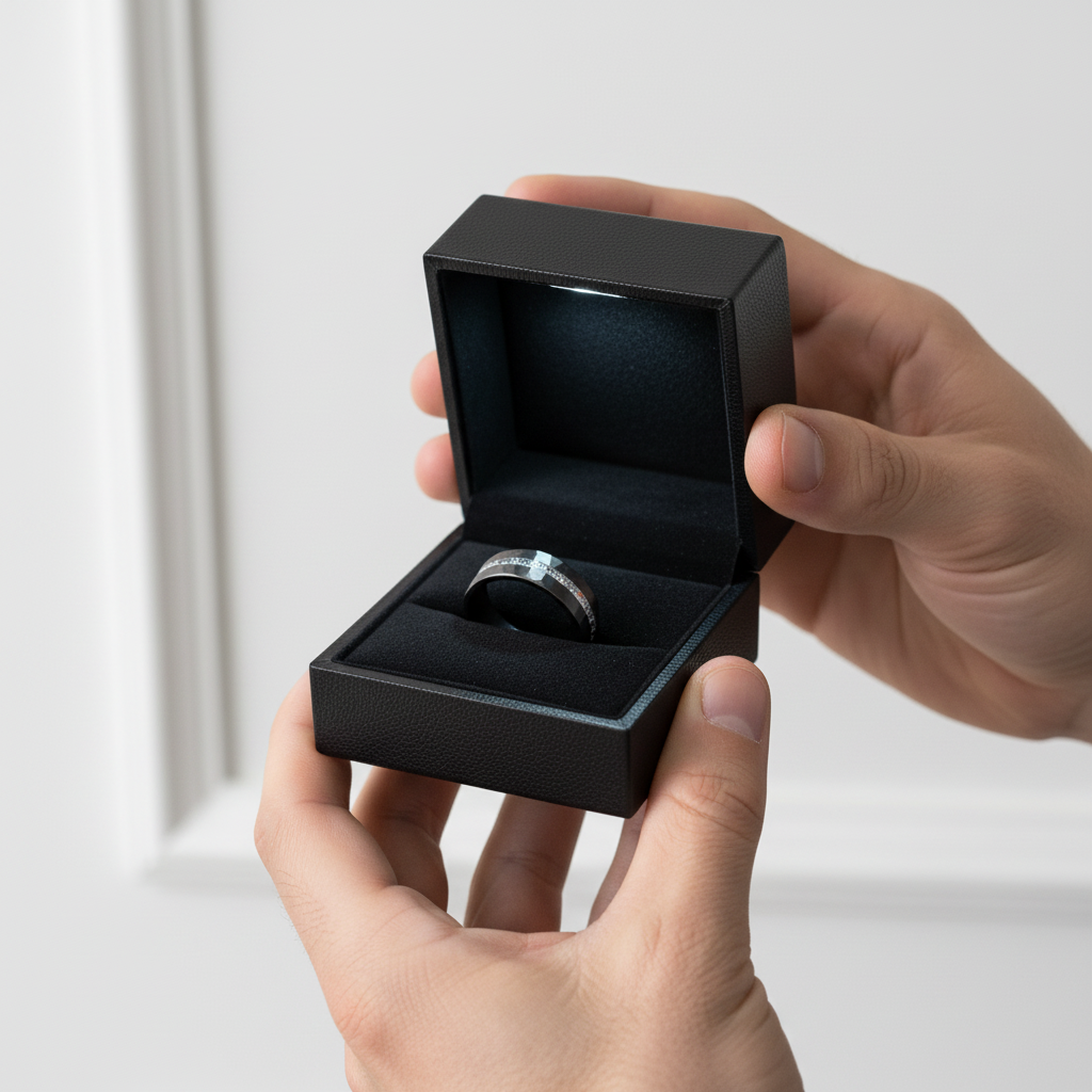 8mm Brushed Matte Black Hammered Tungsten Wedding Band with Meteorite Inlay-Black Diamonds New York
