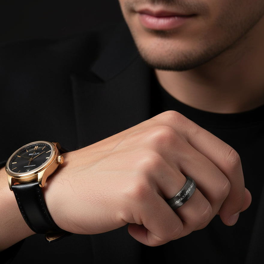 8mm Brushed Matte Black Hammered Tungsten Wedding Band with Meteorite Inlay-Black Diamonds New York