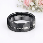 8mm Brushed Matte Black Hammered Tungsten Wedding Band with Meteorite Inlay-Black Diamonds New York