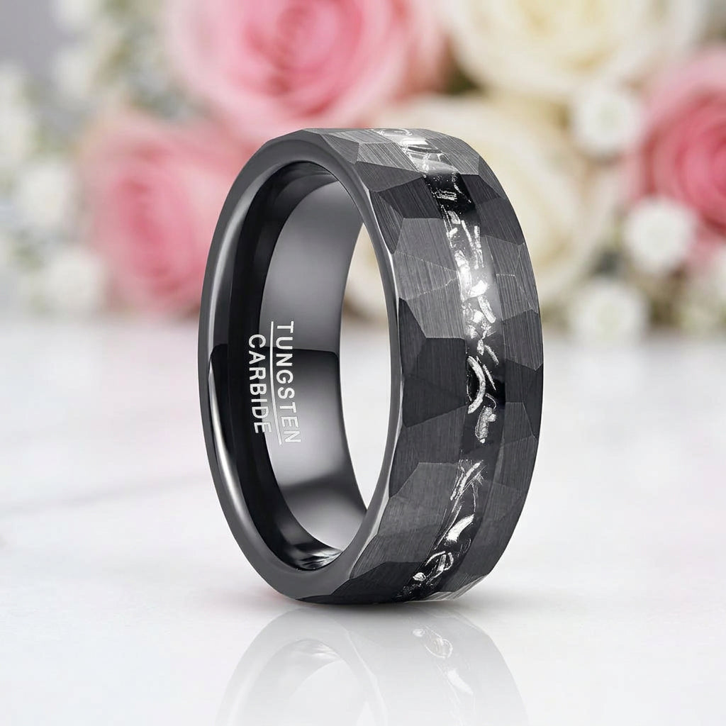 8mm Brushed Matte Black Hammered Tungsten Wedding Band with Meteorite Inlay-Black Diamonds New York