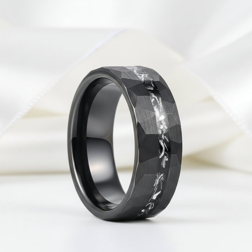 8mm Brushed Matte Black Hammered Tungsten Wedding Band with Meteorite Inlay-Black Diamonds New York