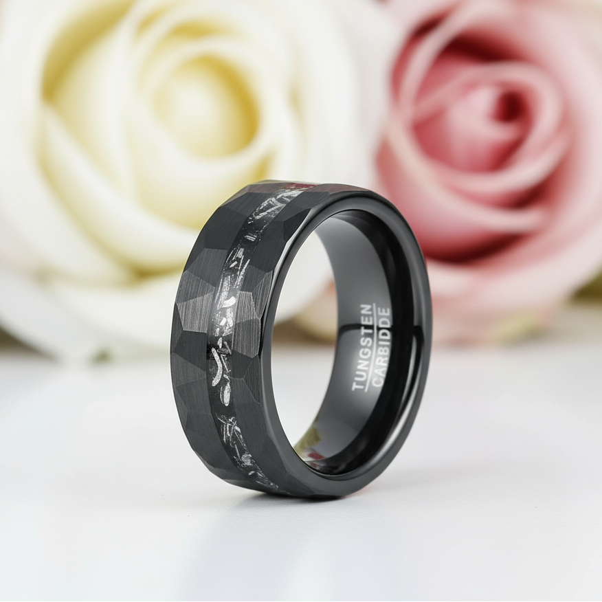 8mm Brushed Matte Black Hammered Tungsten Wedding Band with Meteorite Inlay-Black Diamonds New York
