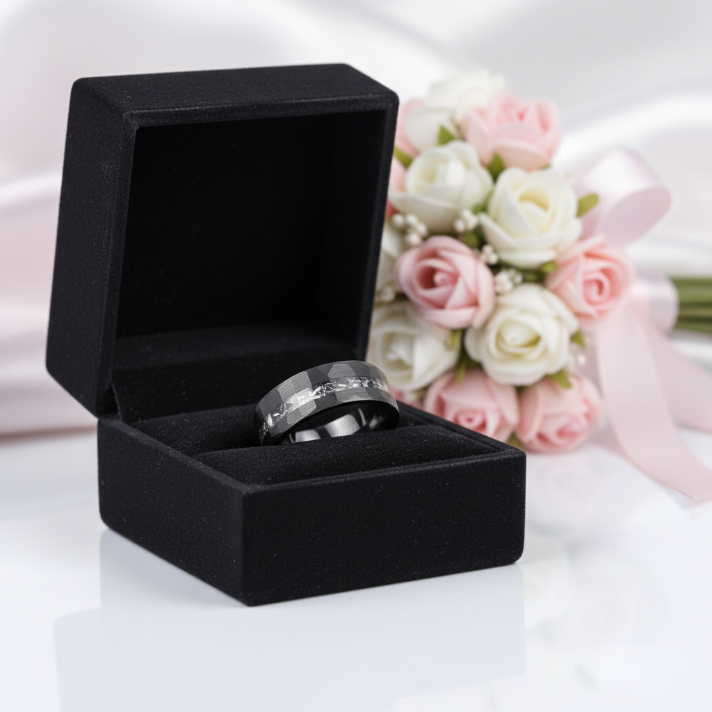8mm Brushed Matte Black Hammered Tungsten Wedding Band with Meteorite Inlay-Black Diamonds New York