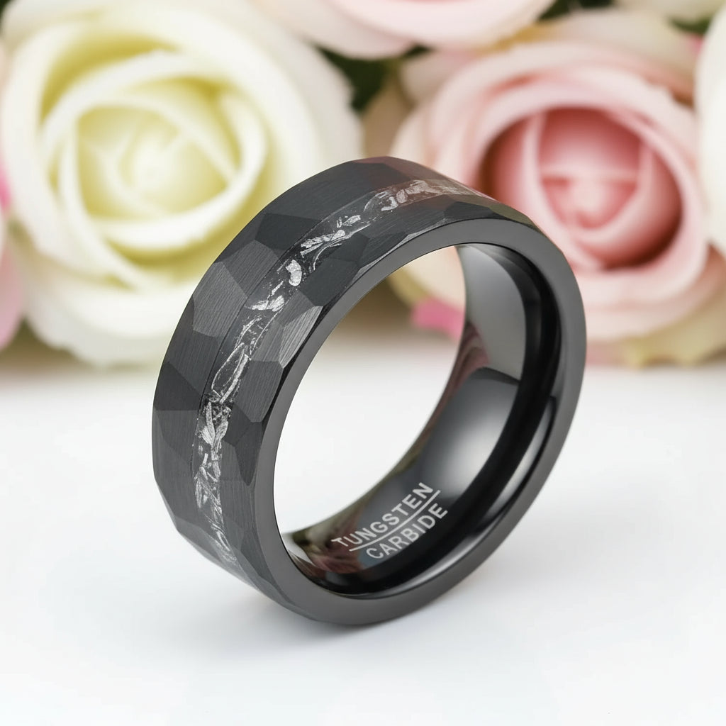 8mm Brushed Matte Black Hammered Tungsten Wedding Band with Meteorite Inlay-Black Diamonds New York