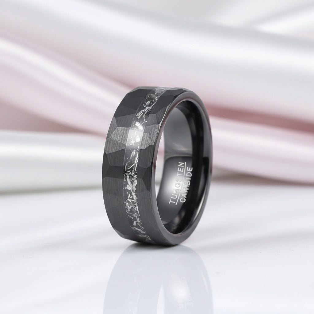 8mm Brushed Matte Black Hammered Tungsten Wedding Band with Meteorite Inlay-Black Diamonds New York