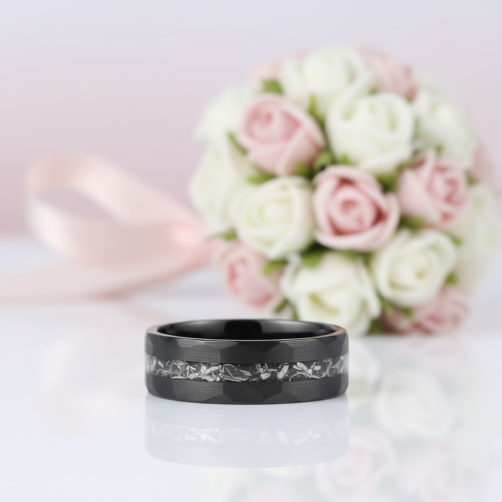 8mm Brushed Matte Black Hammered Tungsten Wedding Band with Meteorite Inlay-Black Diamonds New York