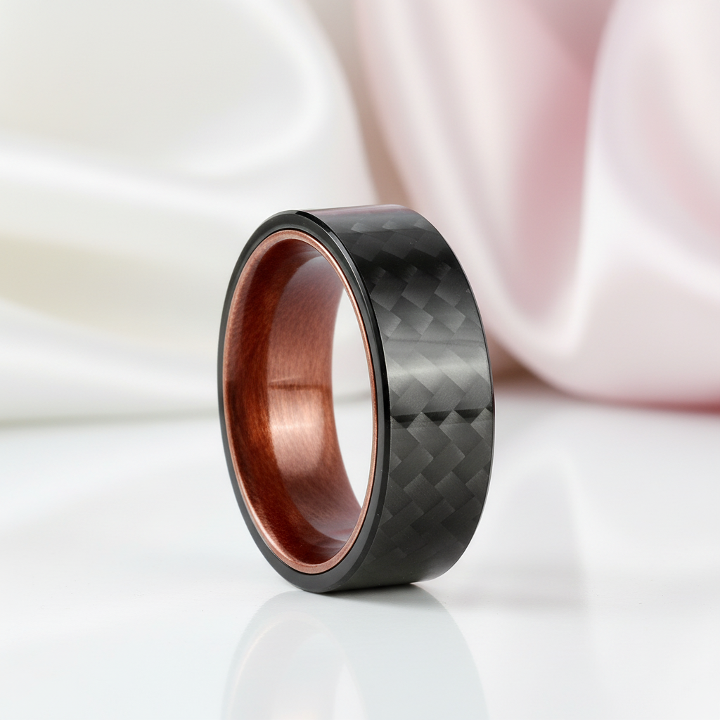 8mm Carbon Fiber Shell And Rosewood Men's Wedding Band-Black Diamonds New York