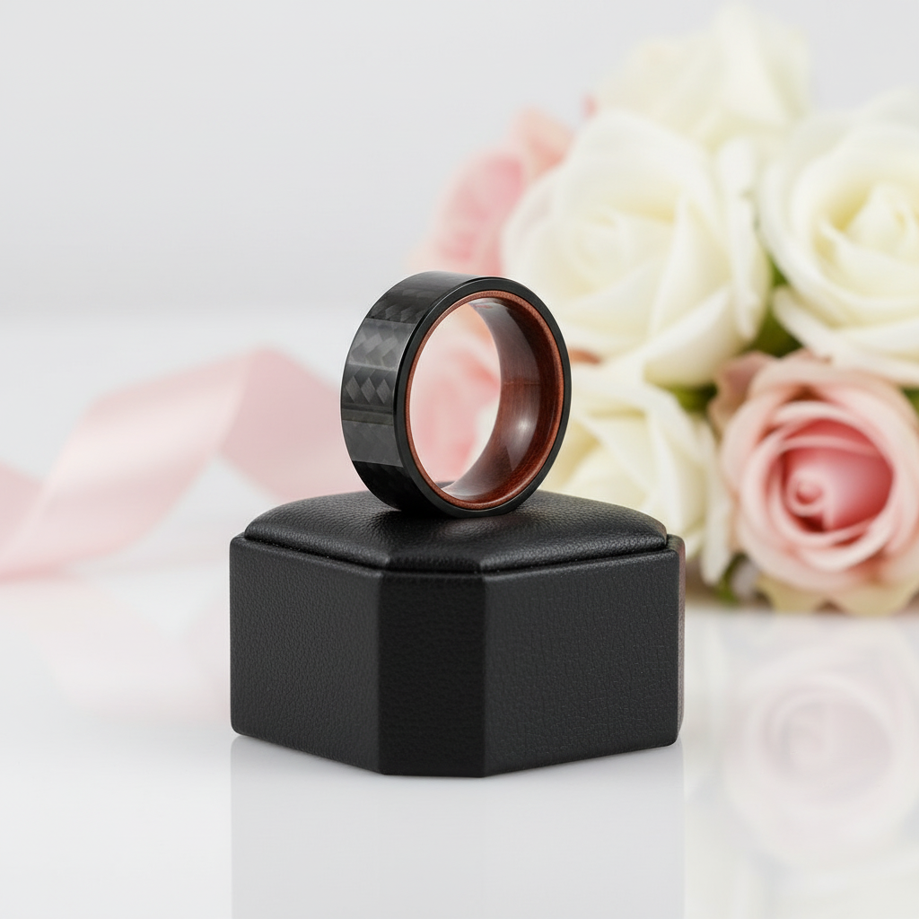 8mm Carbon Fiber Shell And Rosewood Men's Wedding Band-Black Diamonds New York