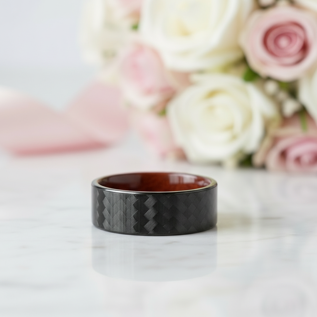 8mm Carbon Fiber Shell And Rosewood Men's Wedding Band-Black Diamonds New York