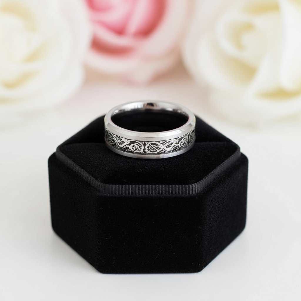 8mm Celtics Dragon Tungsten Carbide Men's Ring-Black Diamonds New York