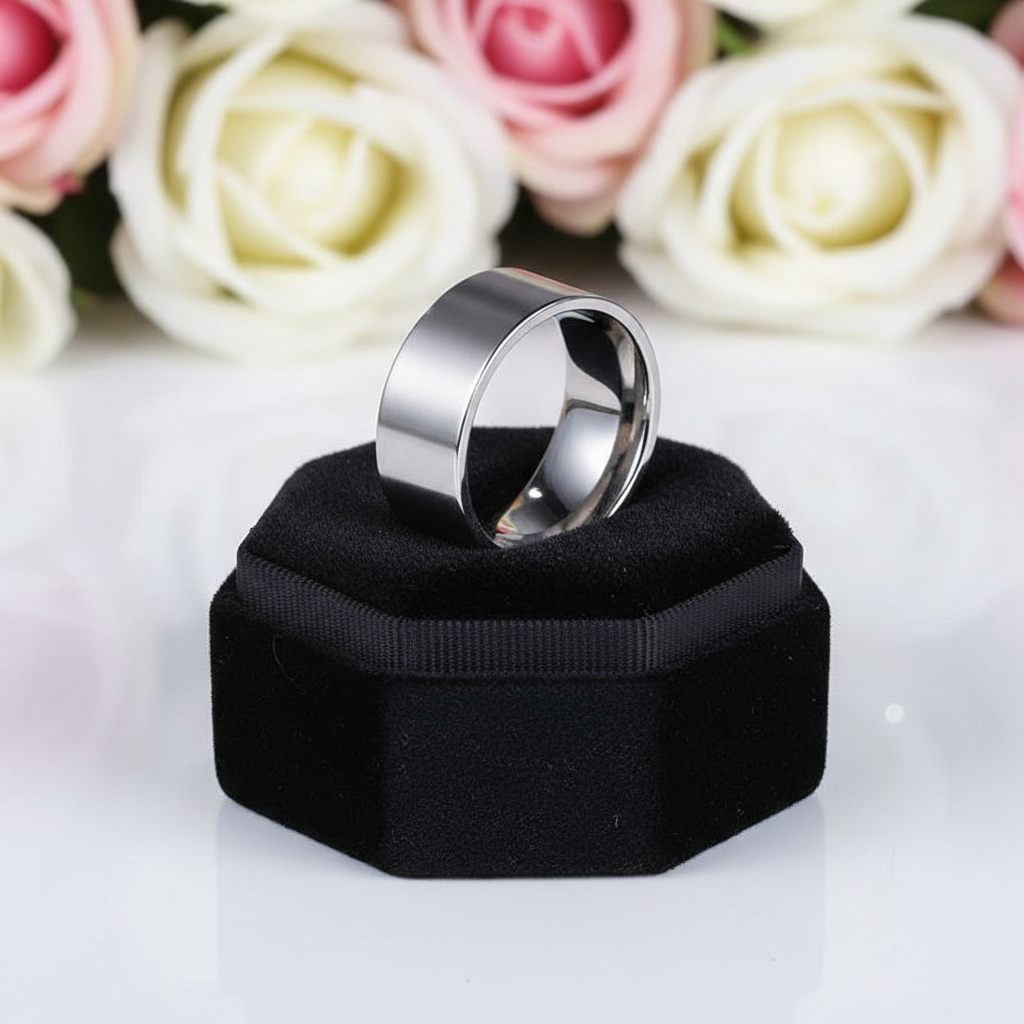 8mm Classic Stainless Steel Flat Wedding Band-Black Diamonds New York