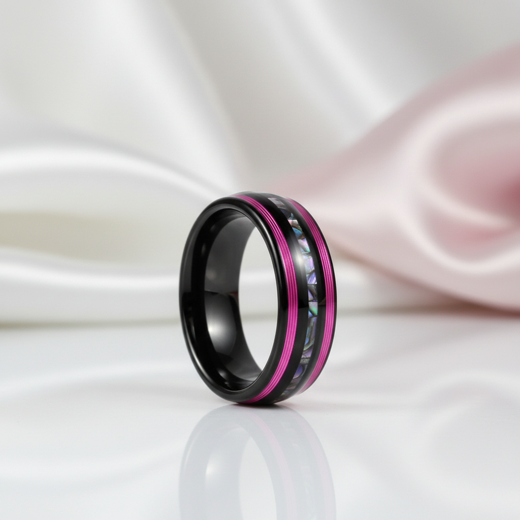 8mm Dome Black Tungsten Wedding Band with String & Abalone Inlay-Black Diamonds New York