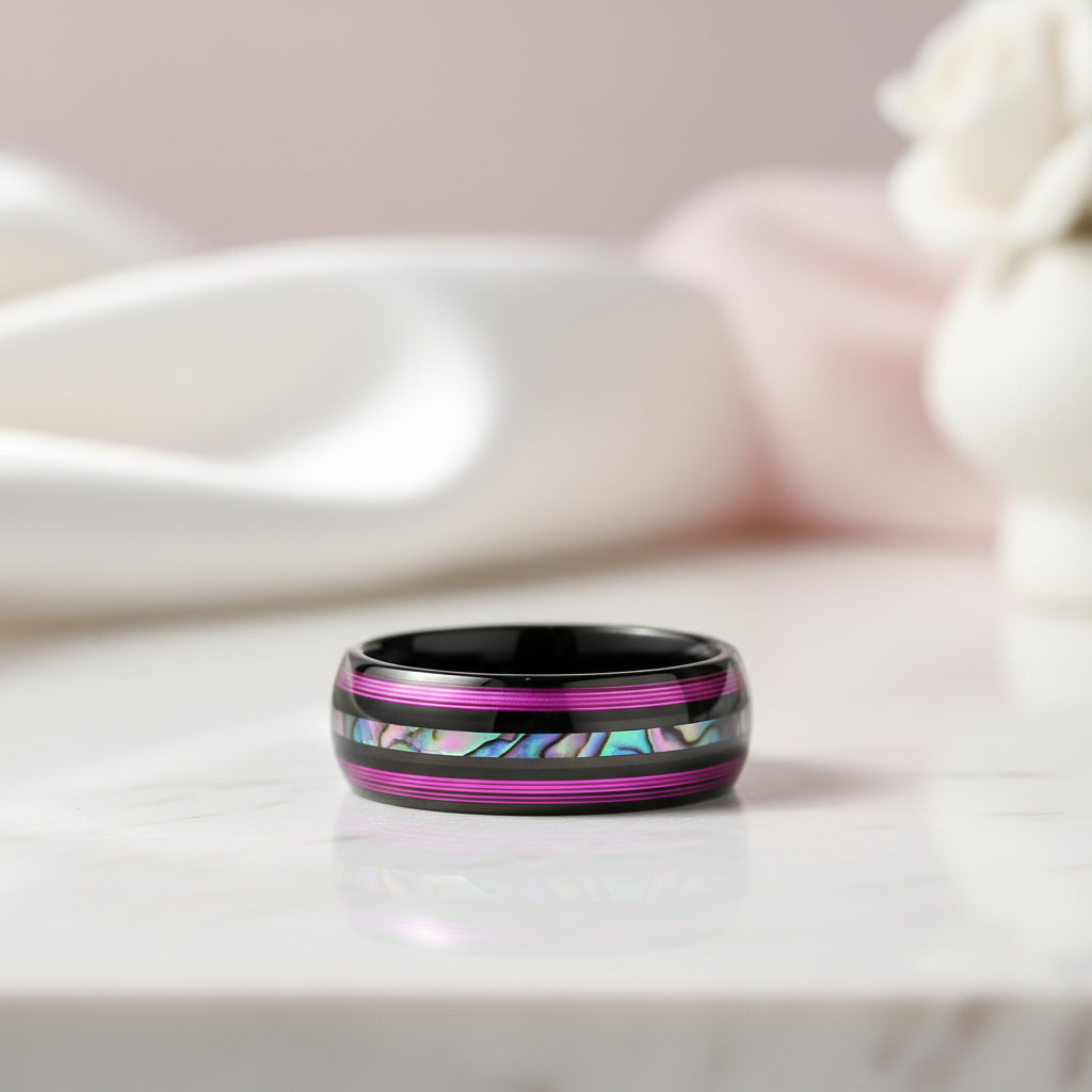 8mm Dome Black Tungsten Wedding Band with String & Abalone Inlay-Black Diamonds New York