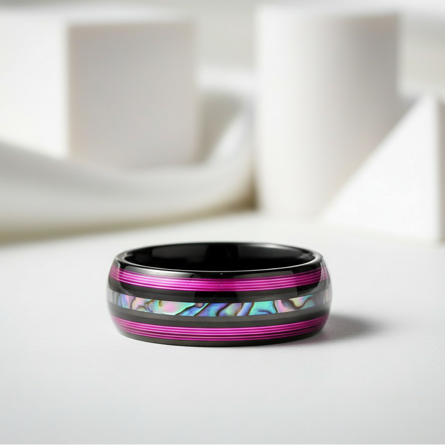 8mm Dome Black Tungsten Wedding Band with String & Abalone Inlay-Black Diamonds New York