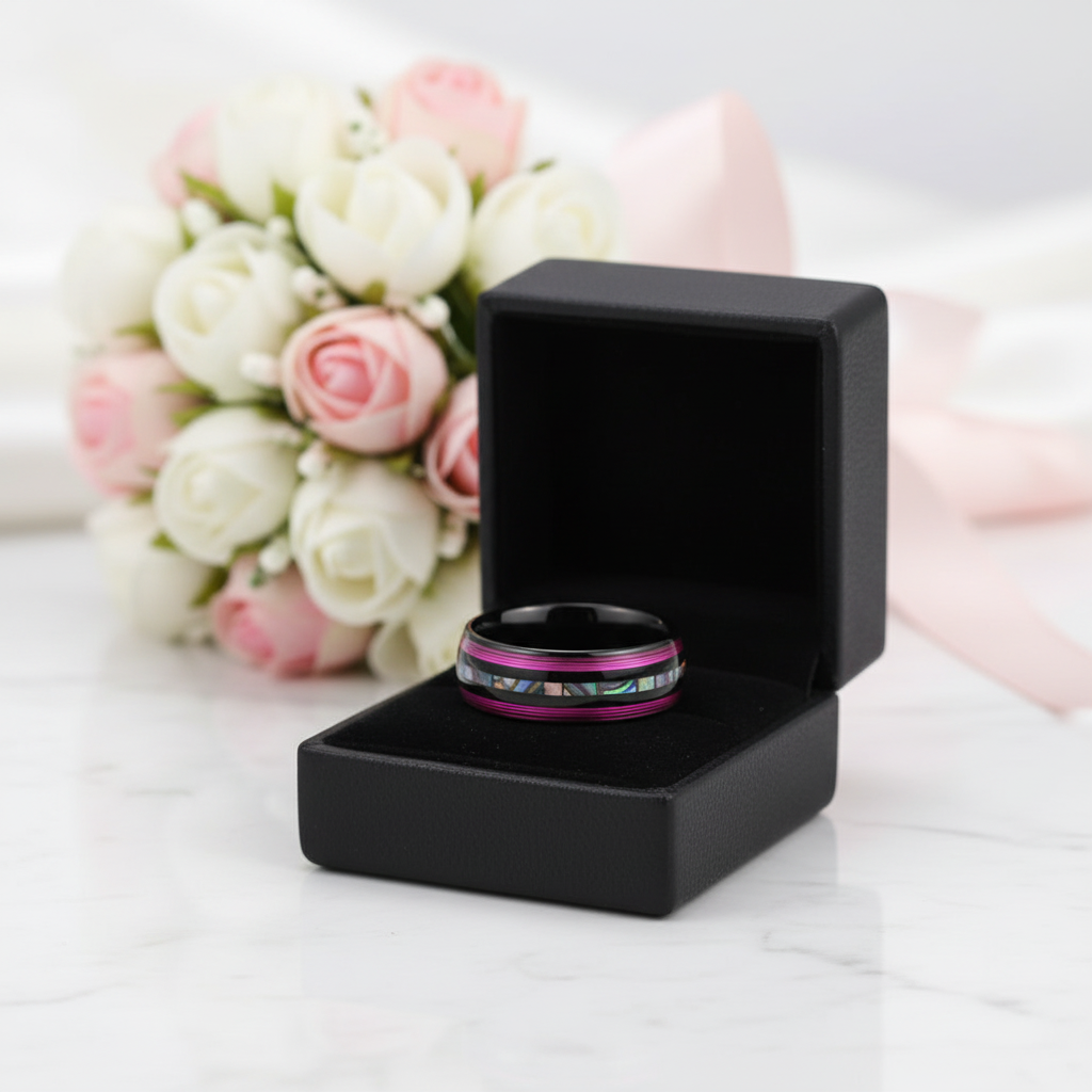 8mm Dome Black Tungsten Wedding Band with String & Abalone Inlay-Black Diamonds New York