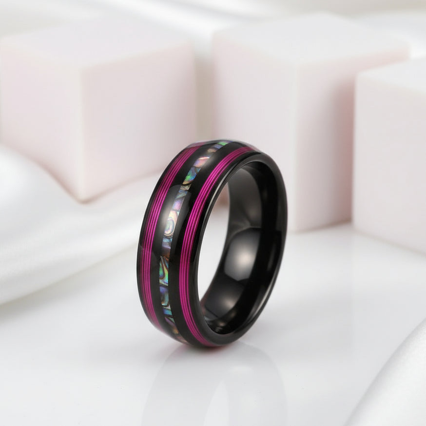 8mm Dome Black Tungsten Wedding Band with String & Abalone Inlay-Black Diamonds New York