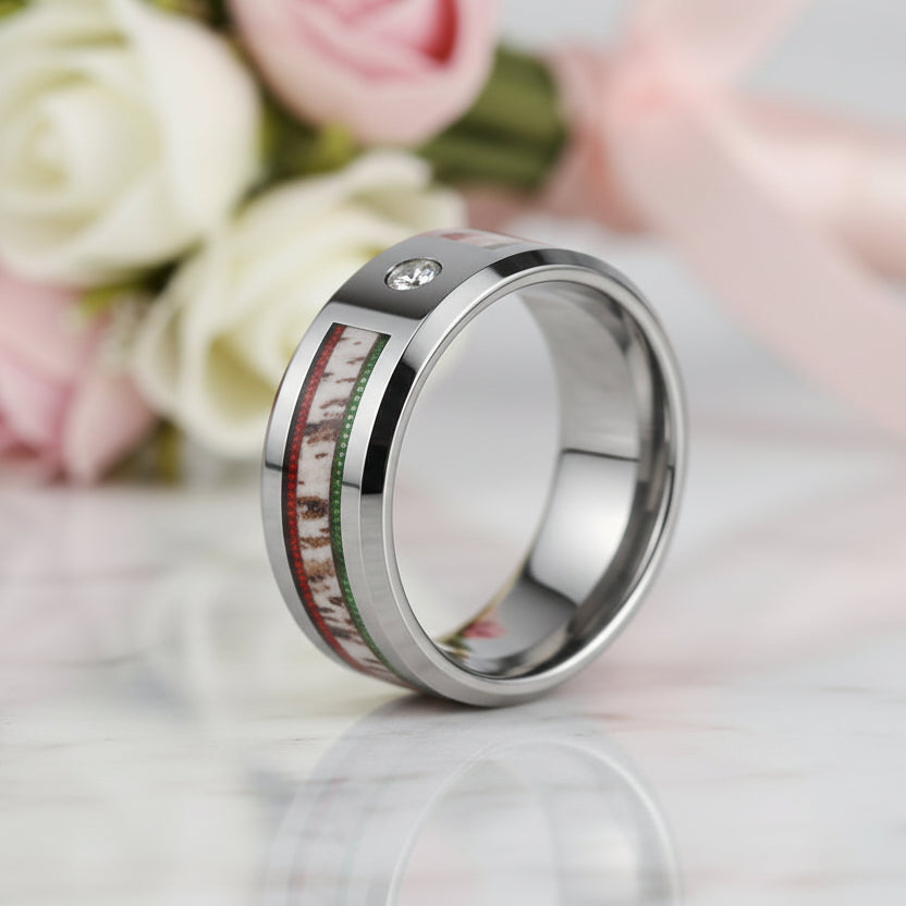 8mm Dome Men's Wedding Band with Diamond Option & Antler Inlay-Black Diamonds New York