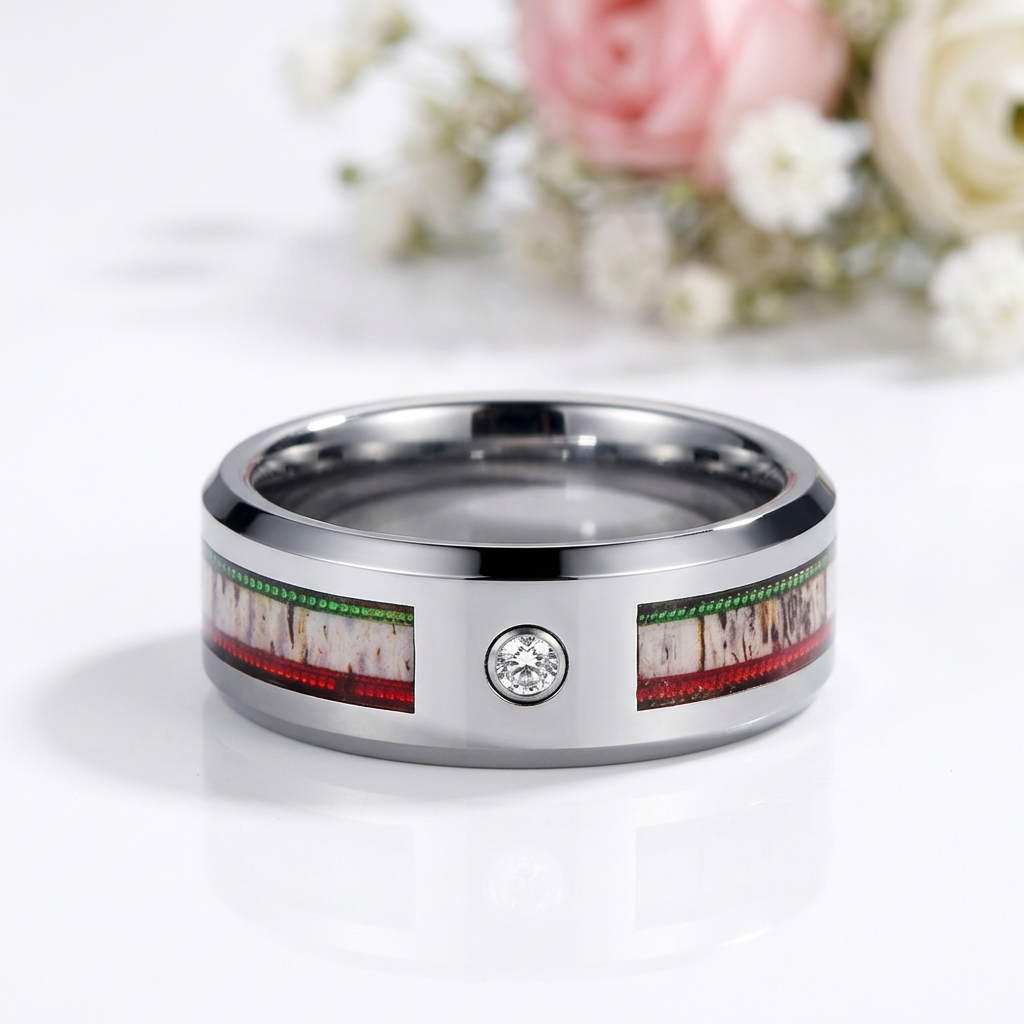 8mm Dome Men's Wedding Band with Diamond Option & Antler Inlay-Black Diamonds New York