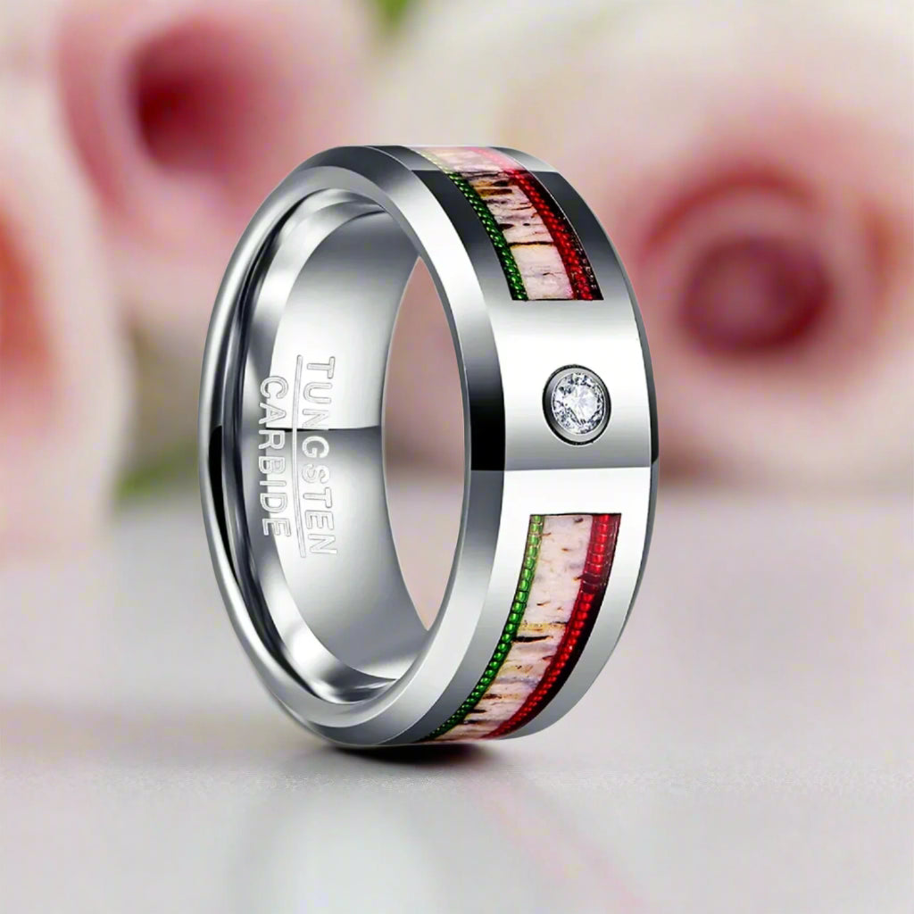 8mm Dome Men's Wedding Band with Diamond & Antler Inlay-Black Diamonds New York