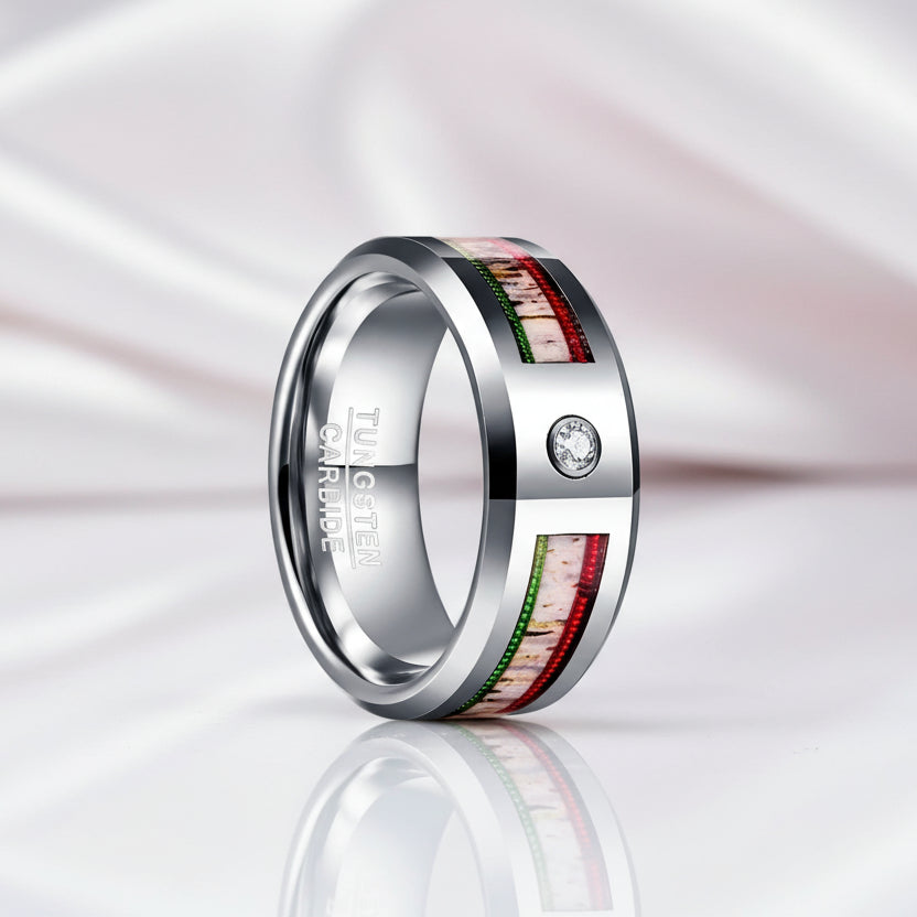 8mm Dome Men's Wedding Band with Diamond Option & Antler Inlay-Black Diamonds New York