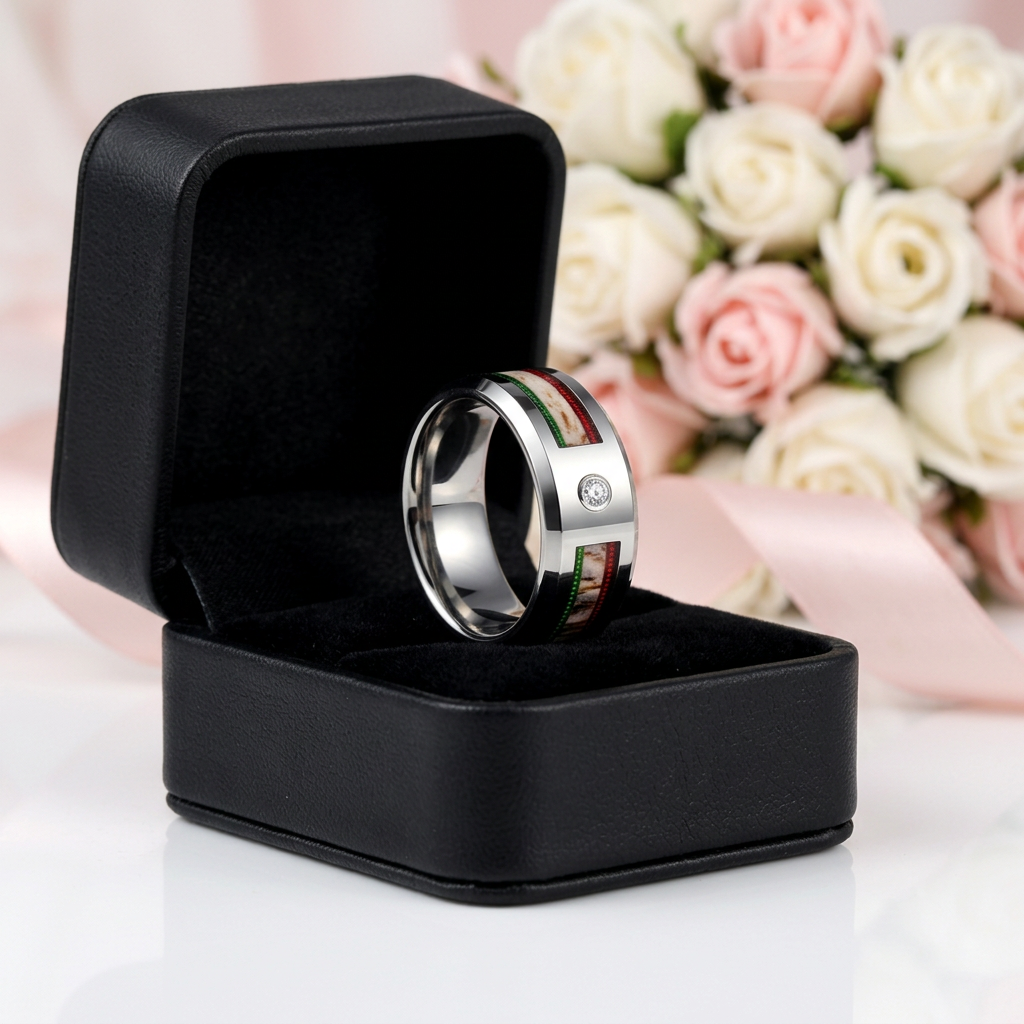 8mm Dome Men's Wedding Band with Diamond Option & Antler Inlay-Black Diamonds New York