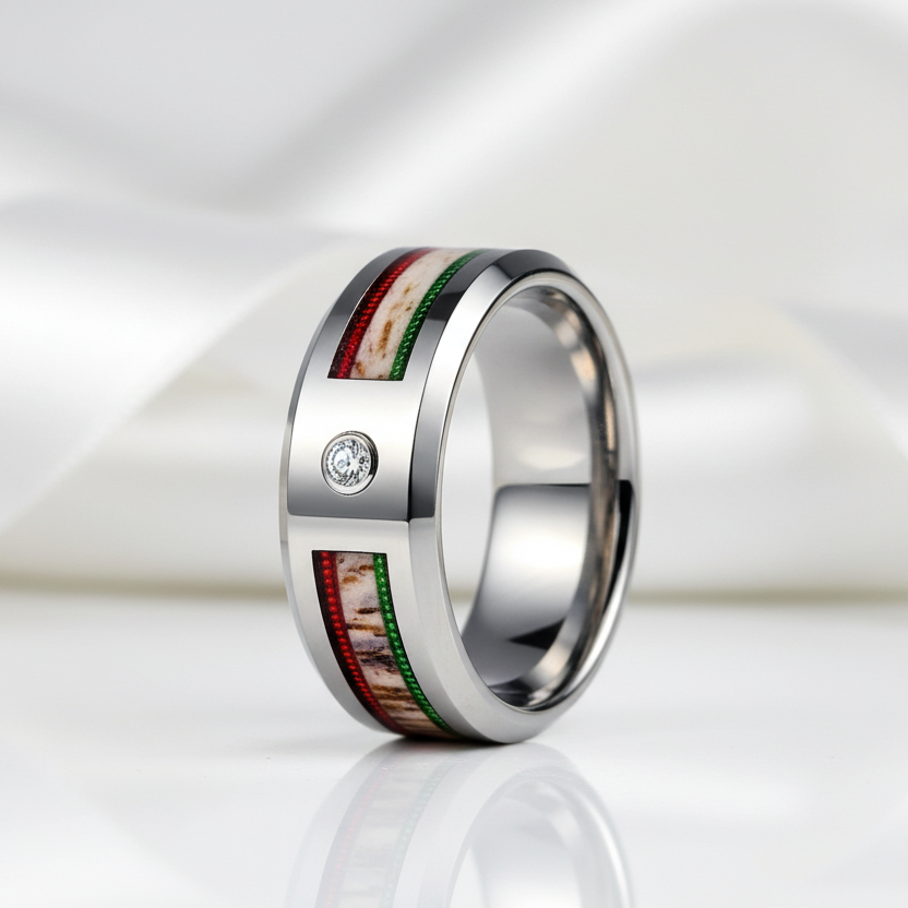 8mm Dome Men's Wedding Band with Diamond Option & Antler Inlay-Black Diamonds New York