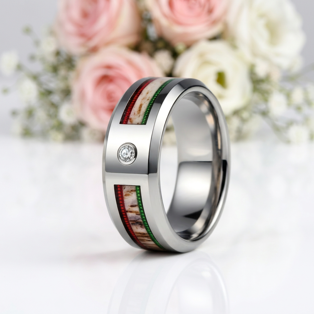 8mm Dome Men's Wedding Band with Diamond Option & Antler Inlay-Black Diamonds New York