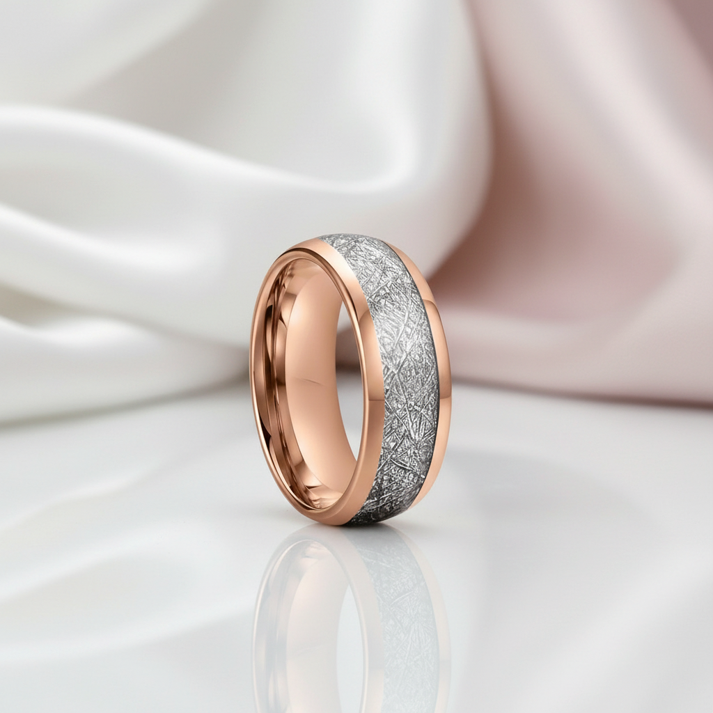 8mm Dome Polished Tungsten Wedding Band with Meteorite Inlay-Black Diamonds New York