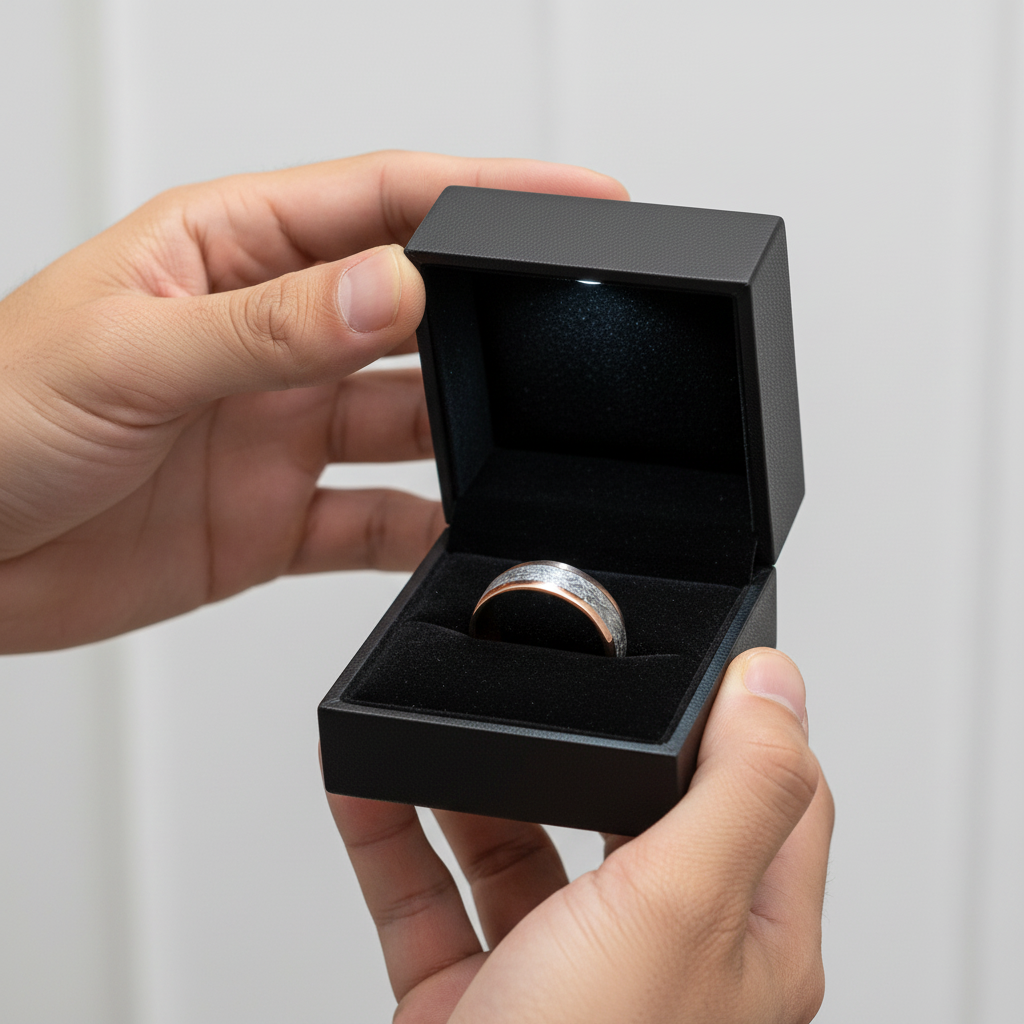 8mm Dome Polished Tungsten Wedding Band with Meteorite Inlay-Black Diamonds New York