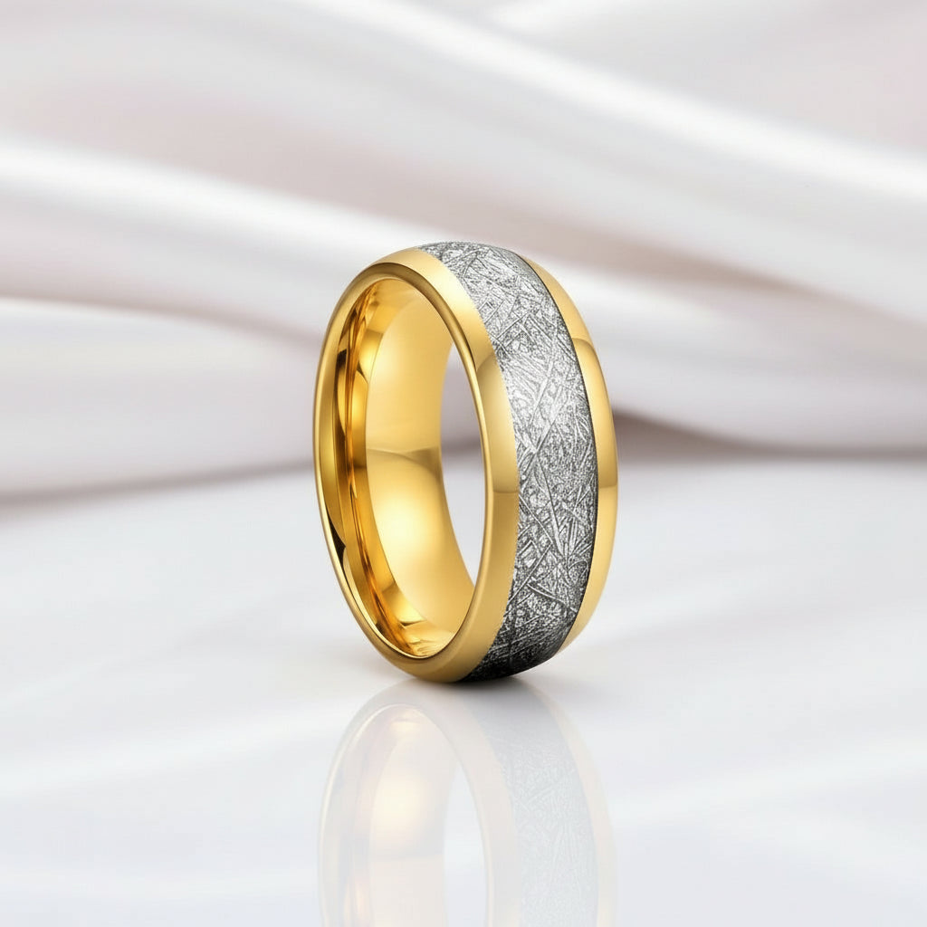 8mm Dome Polished Tungsten Wedding Band with Meteorite Inlay-Black Diamonds New York