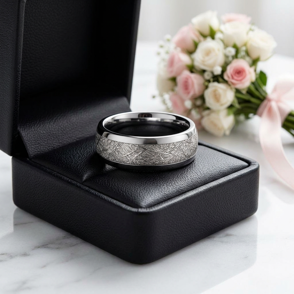 8mm Dome Polished Tungsten Wedding Band with Meteorite Inlay-Black Diamonds New York
