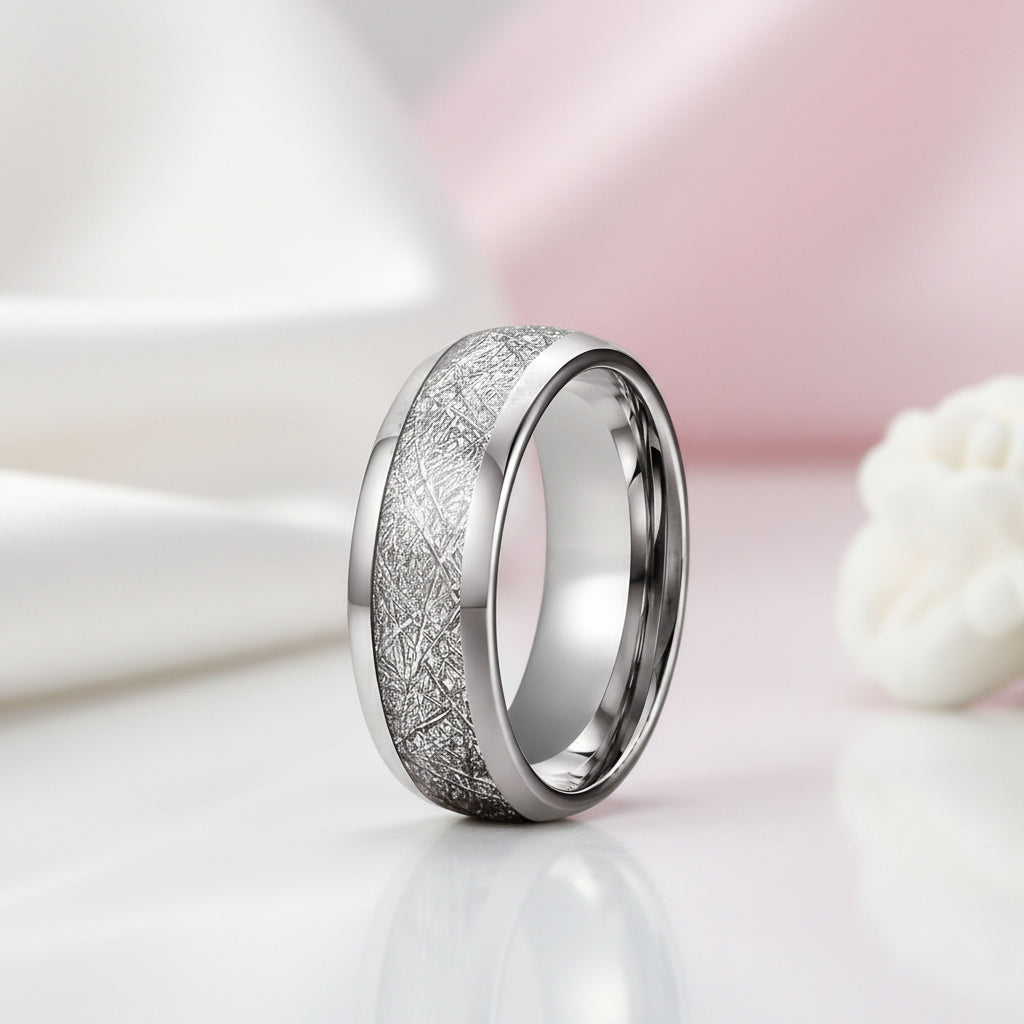 8mm Dome Polished Tungsten Wedding Band with Meteorite Inlay-Black Diamonds New York