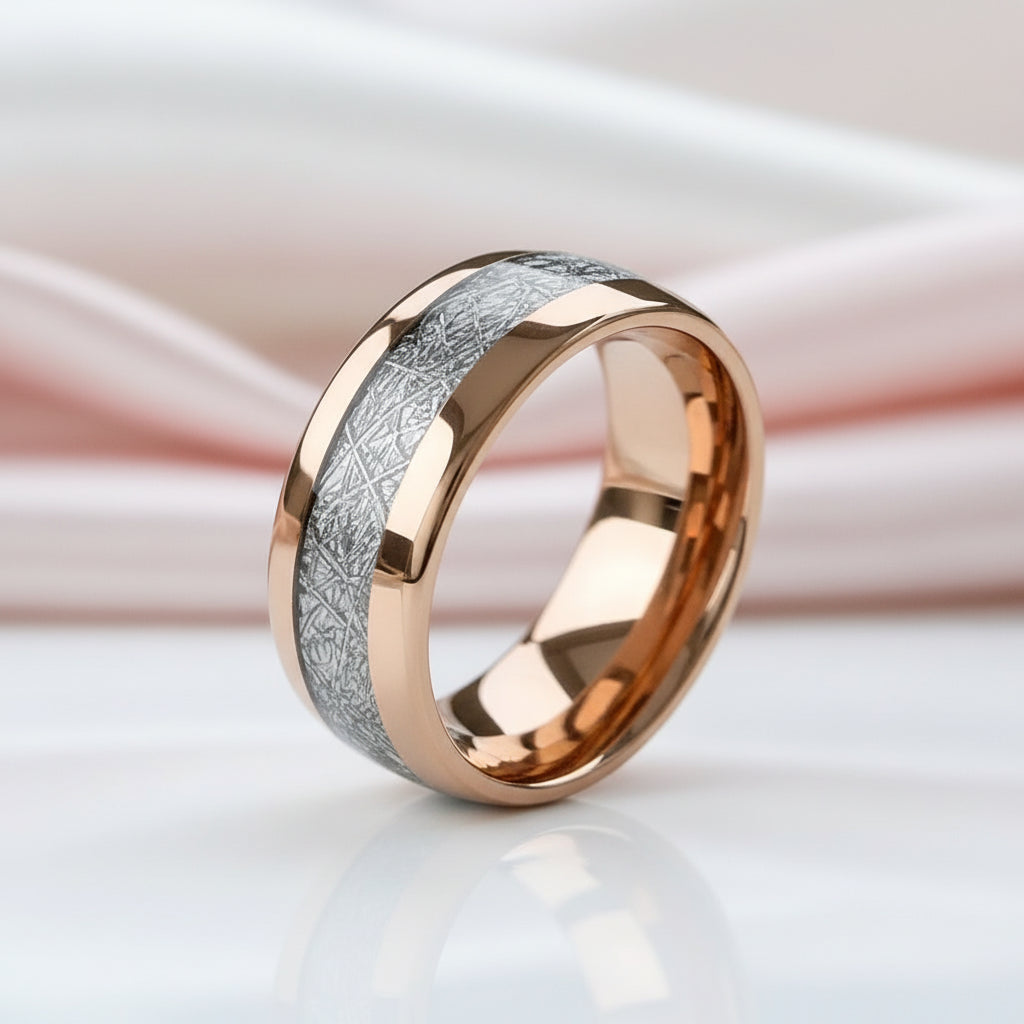 8mm Dome Polished Tungsten Wedding Band with Meteorite Inlay-Black Diamonds New York