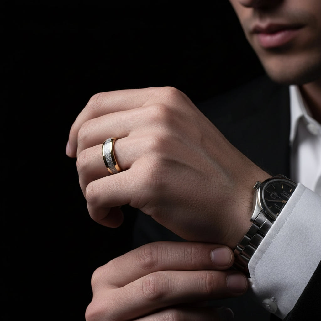 8mm Dome Polished Tungsten Wedding Band with Meteorite Inlay-Black Diamonds New York