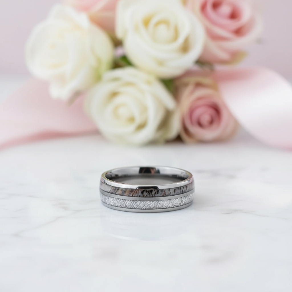 8mm Domed Men's Wedding Band with Meteorite Antler Inlay-Black Diamonds New York