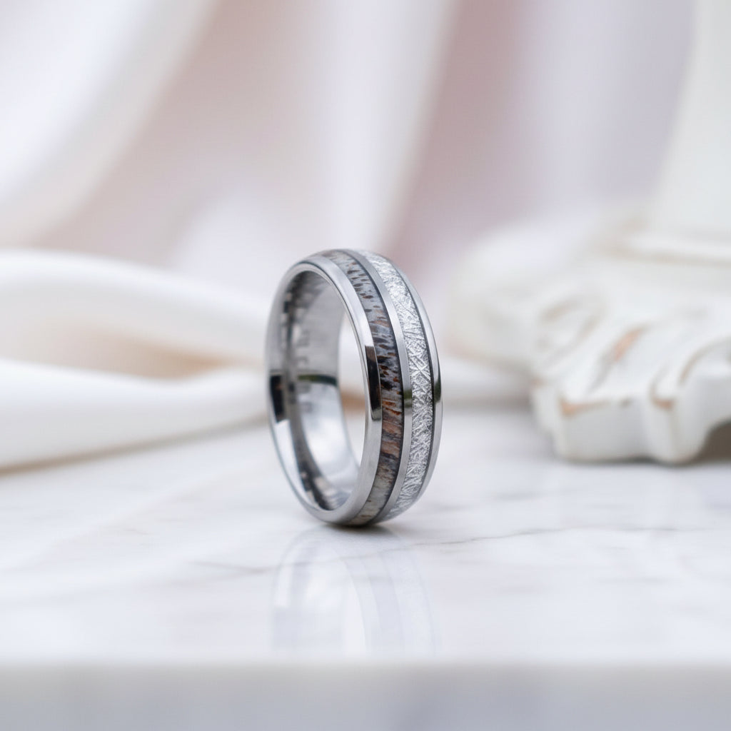 8mm Domed Men's Wedding Band with Meteorite Antler Inlay-Black Diamonds New York