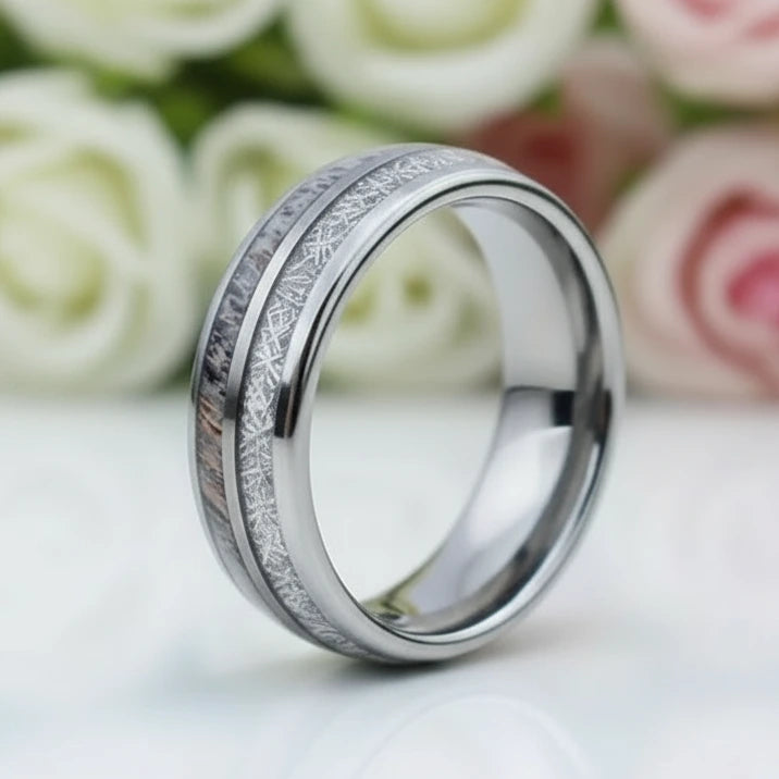 8mm Domed Men's Wedding Band with Meteorite Antler Inlay-Black Diamonds New York